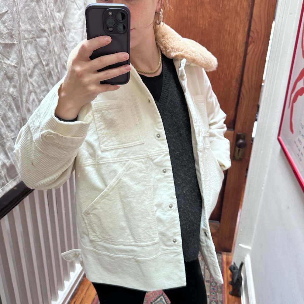 Ganni Ridgewood Faux Fur-trimmed Cotton-blend Corduroy Jacket in off-white. - Picture 4 of 12